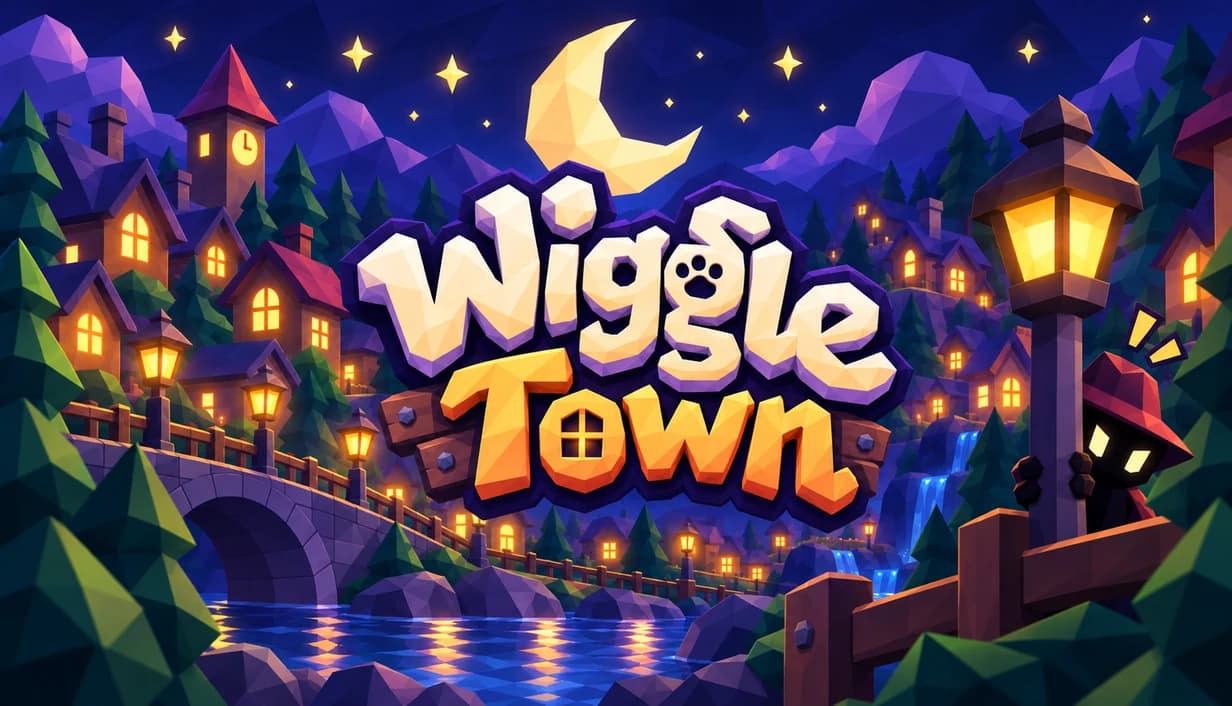 Wiggle Town key art: a moonlit village with a stone bridge, glowing lanterns, and a mysterious figure peeking over a fence